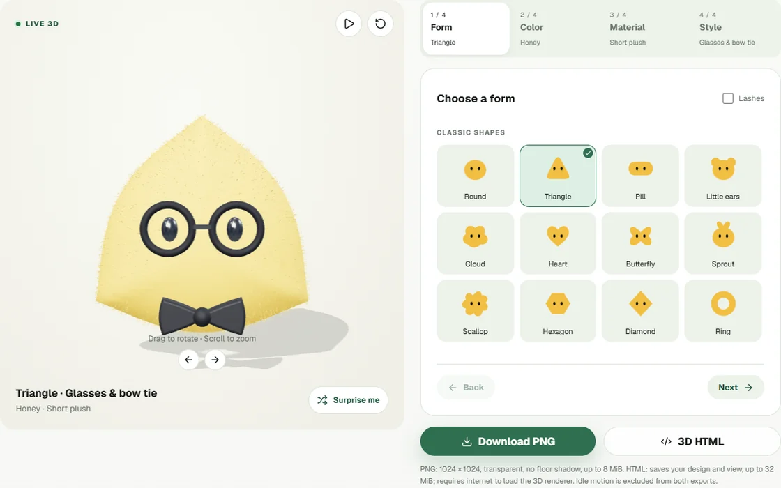 Dot Avatar Maker showing a plush character beside shape and appearance controls.