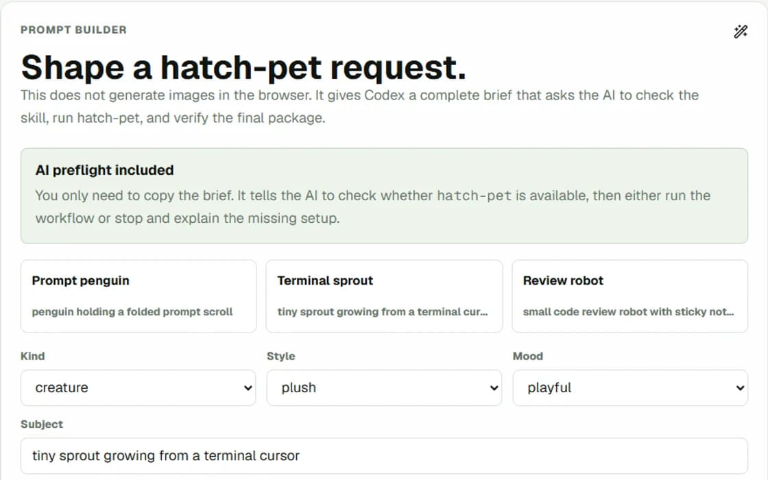 Pet Prompt Builder with character presets and style, mood, and subject fields.