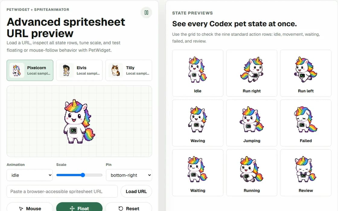 Sprite preview showing Pixelcorn and its nine animation states.