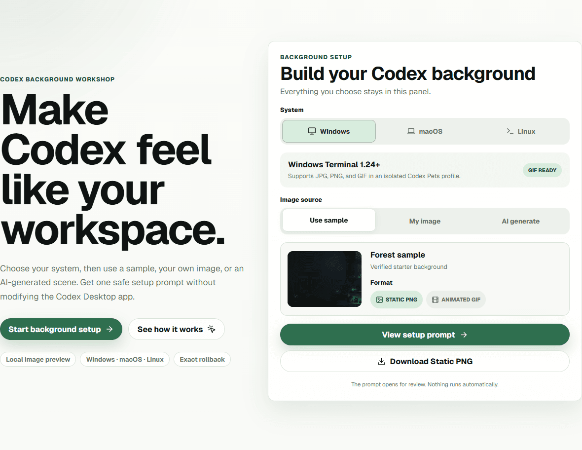 Choose a sample, local image, or generated background in the Codex Pets workshop