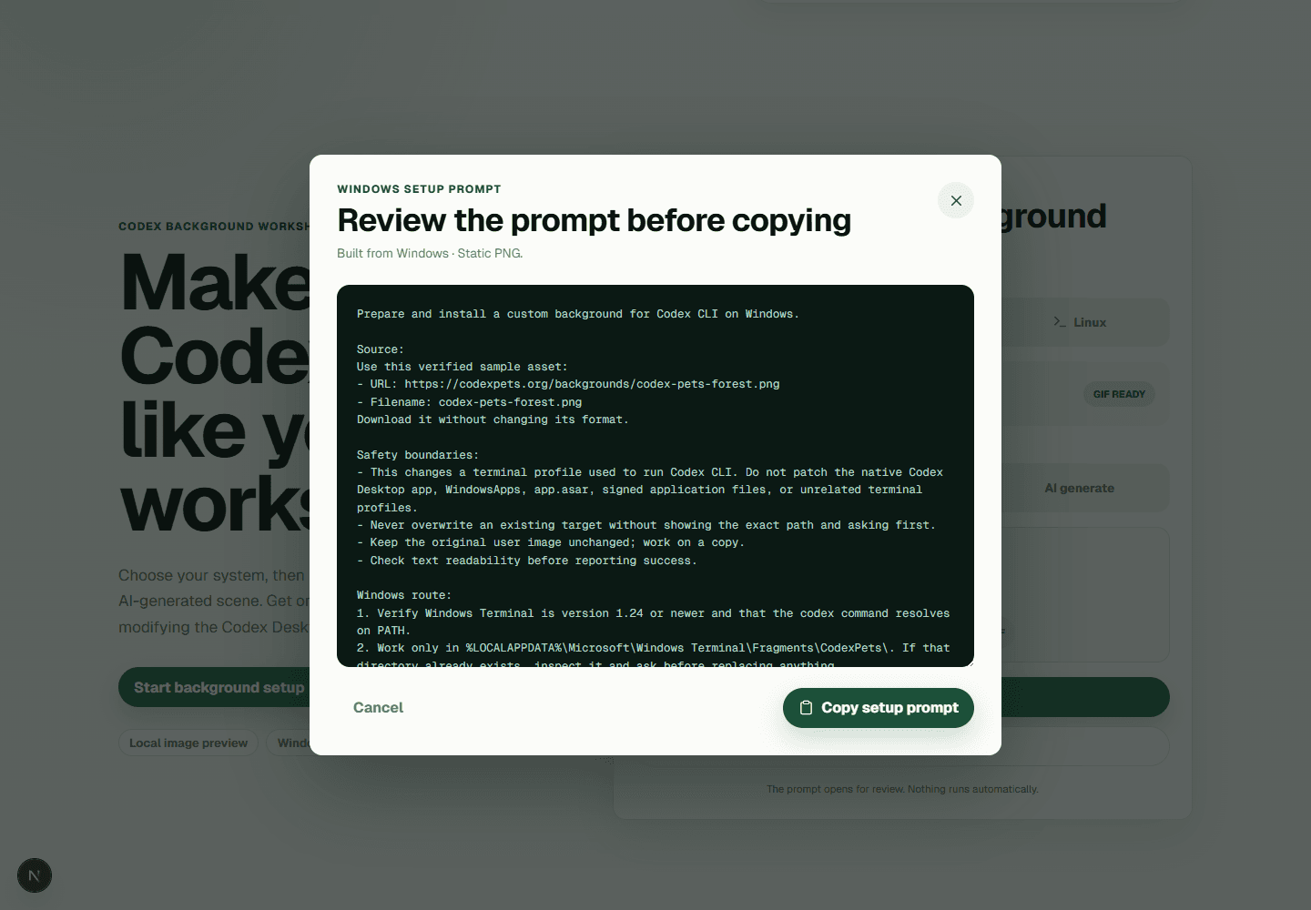 Copy the generated background setup prompt